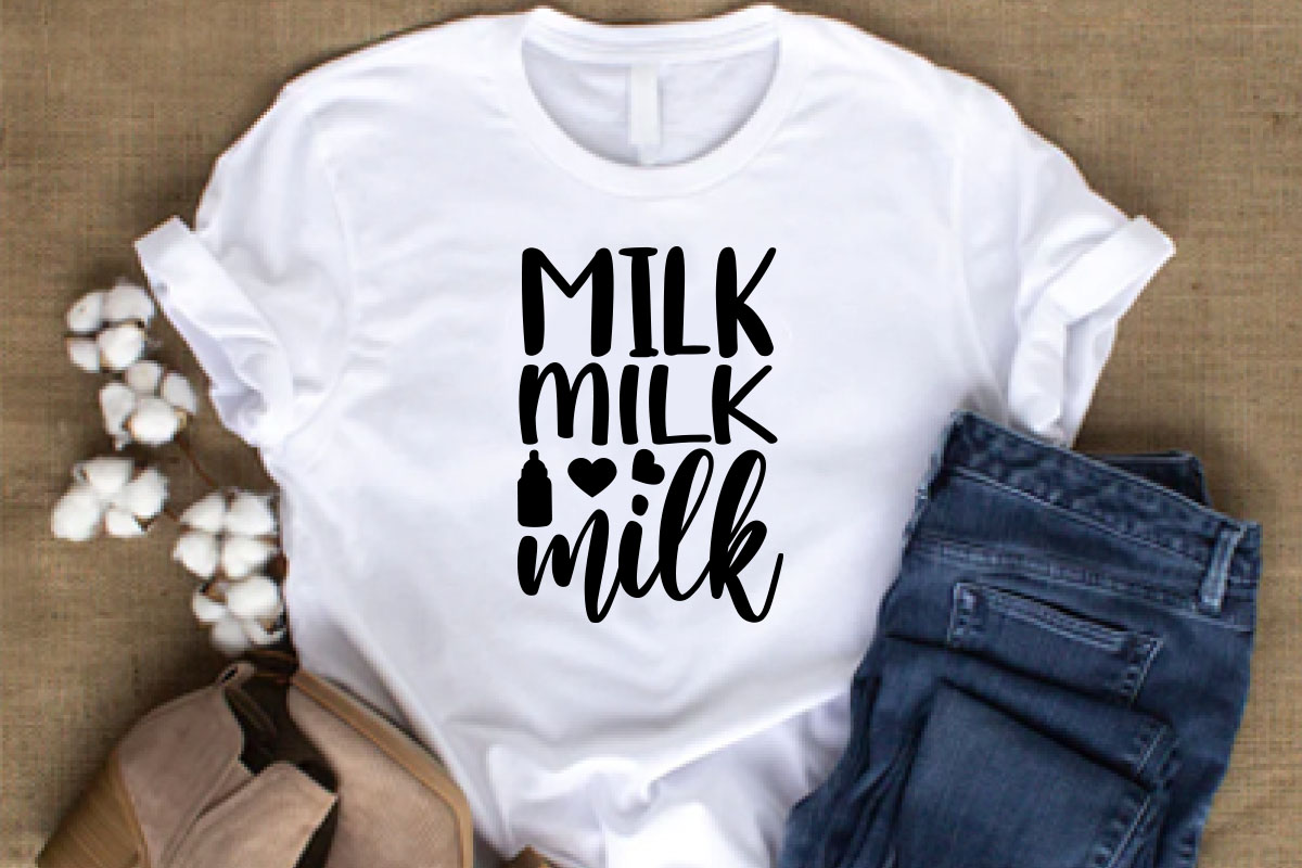 White shirt that says milk milk milk.