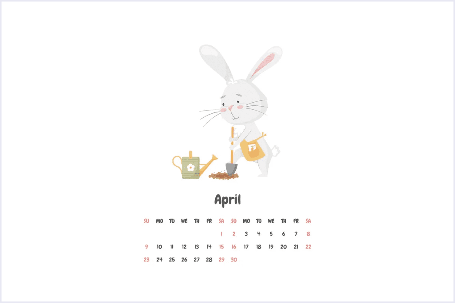 Calendar page for the month of April 2023 with a cute rabbit, digging with a shovel, planting a carrot.