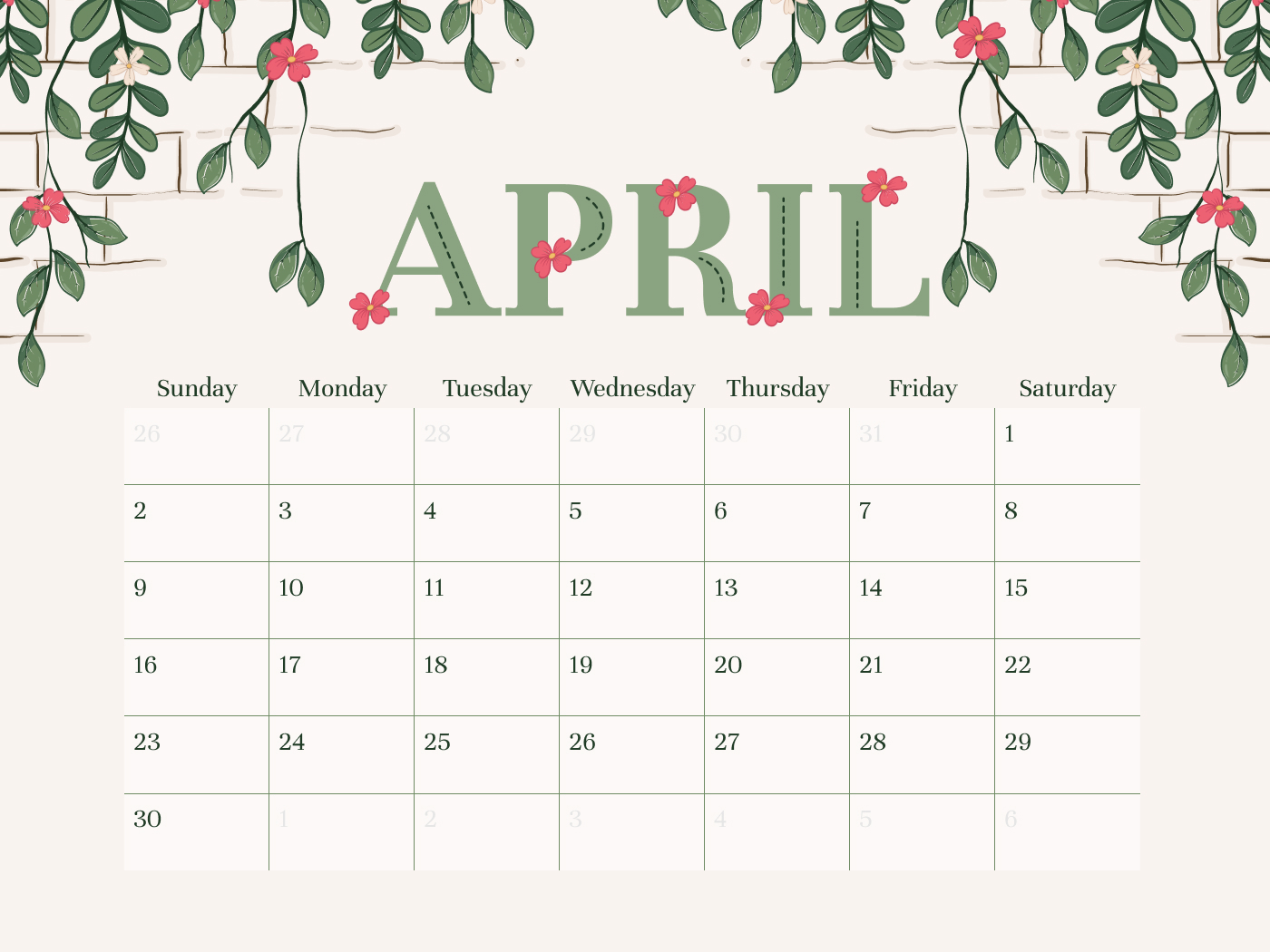 Calendar for the month of april.