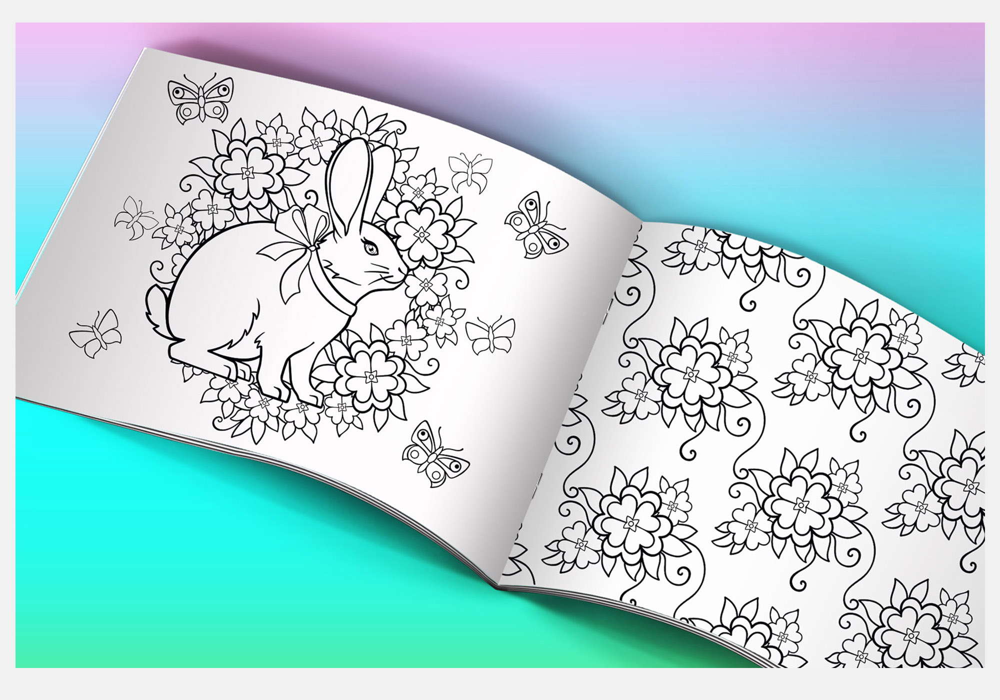 Coloring book with an image of a bunny and flowers.