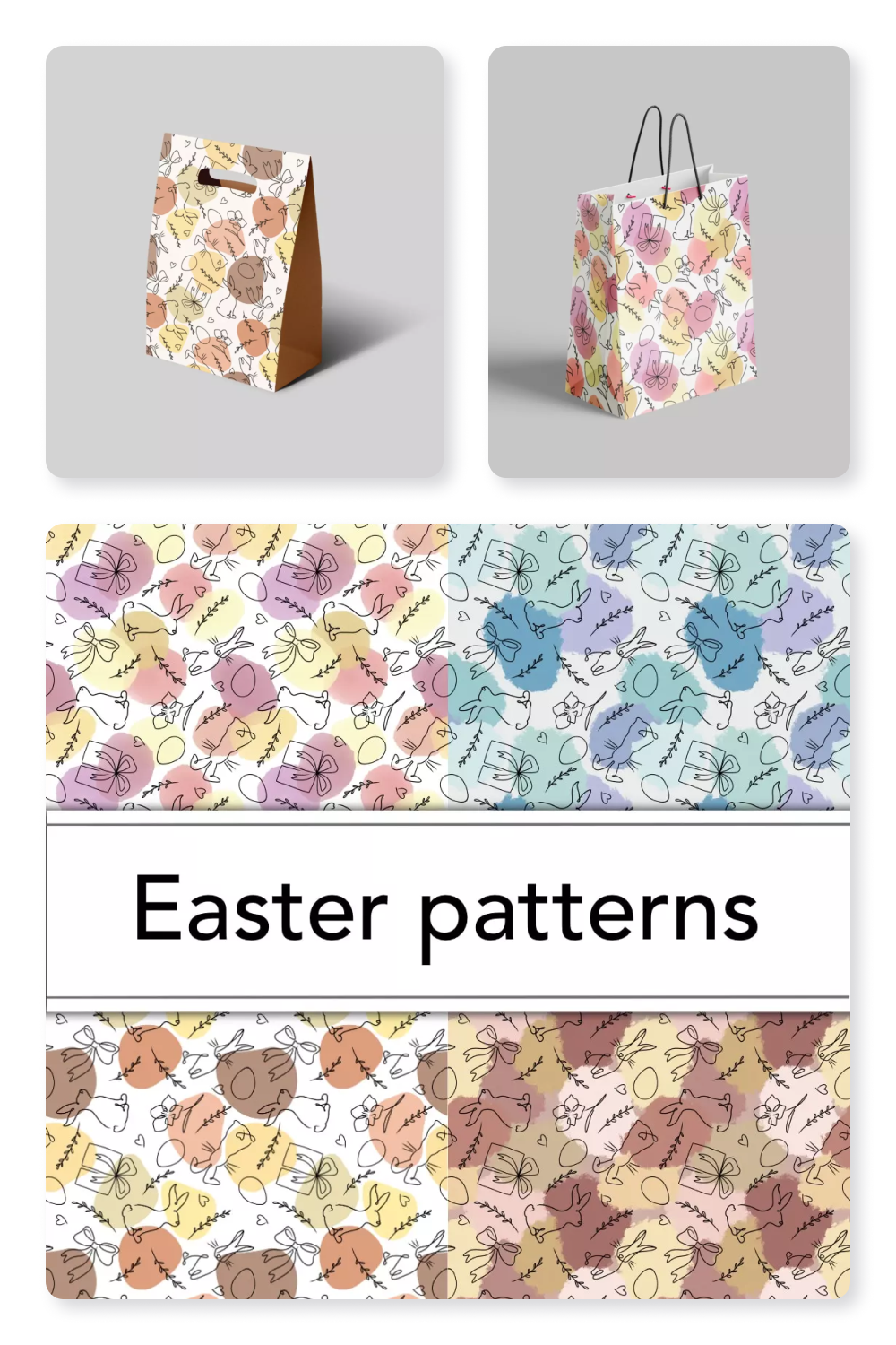 Sillhouettes of the rabbits, gifts, eggs, flowers on a colorful backgrounds.
