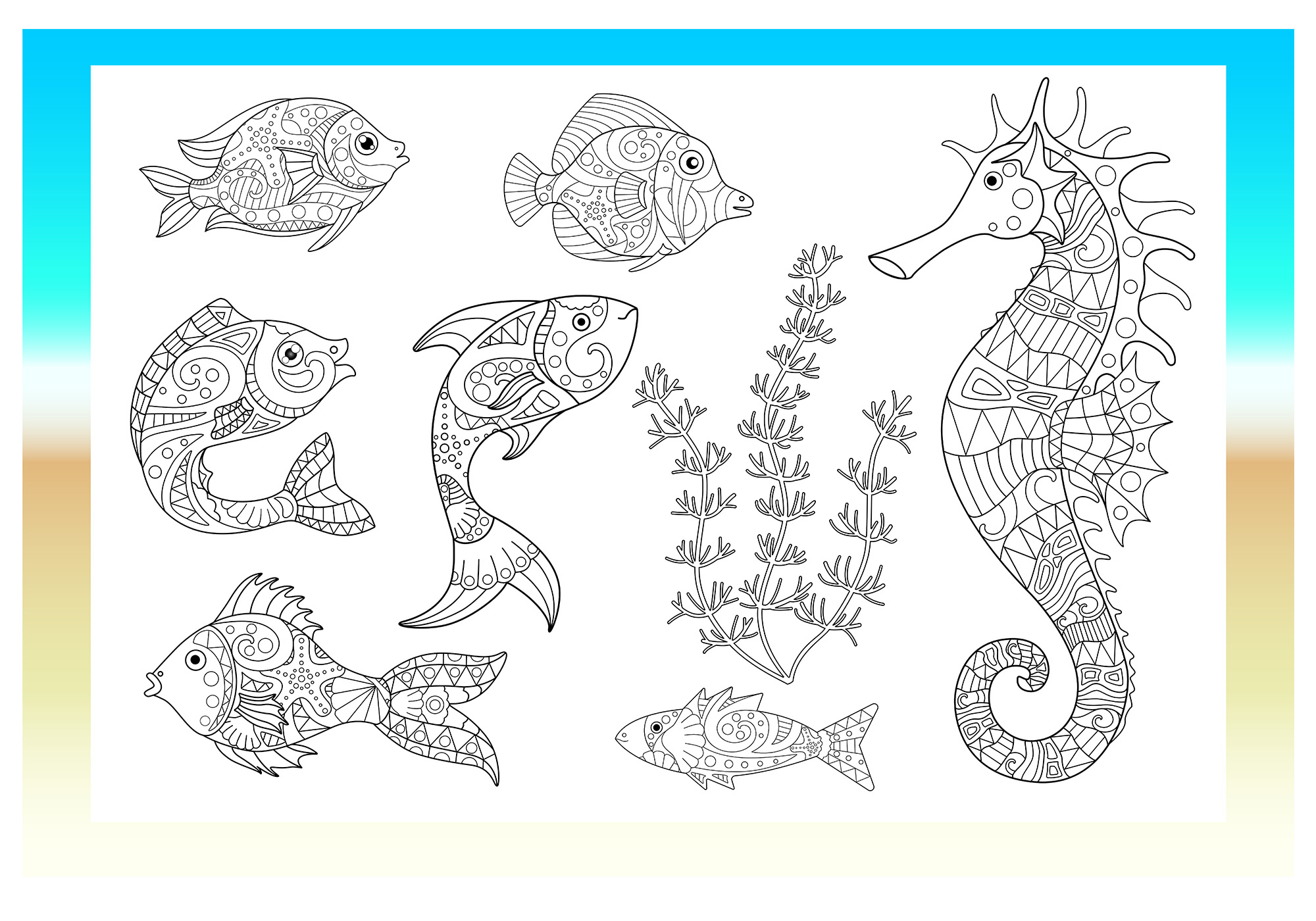 Coloring page with sea animals and plants.