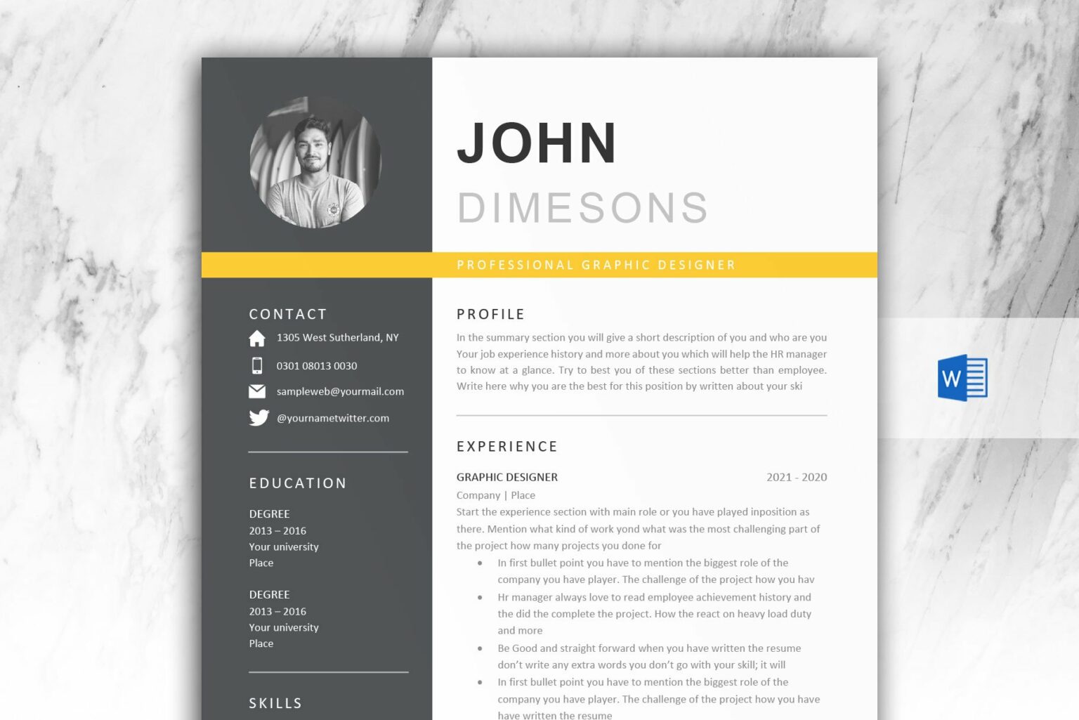Minimal Resume CV template in Word – MasterBundles