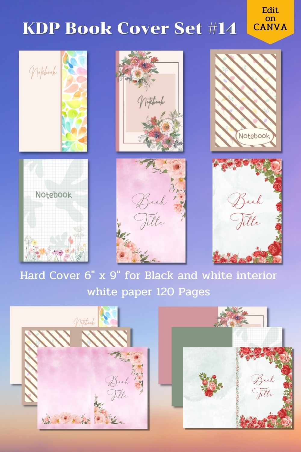 KDP Book Cover Set #14 Canva Template - Hard Cover pinterest preview image.