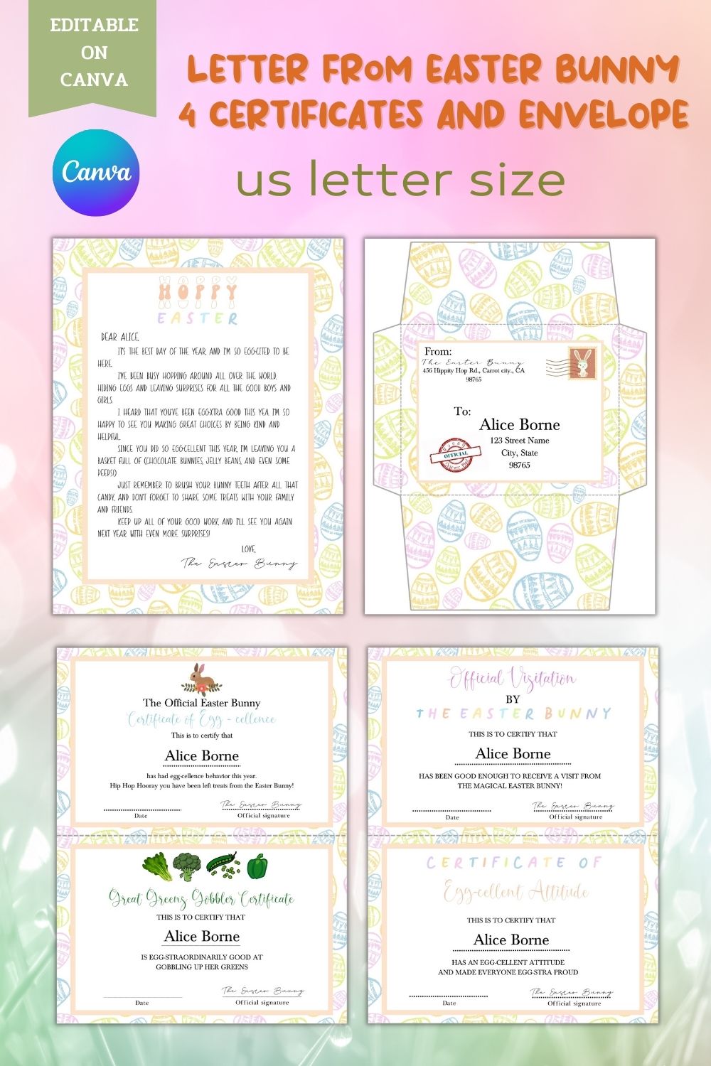Editable Easter Bunny Letter & Certificates pinterest preview image.