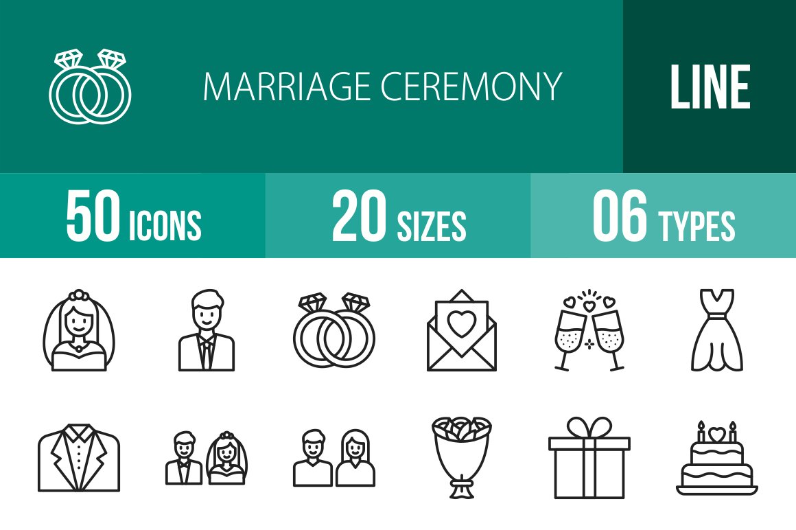 50 Marriage Ceremony Line Icons cover image.