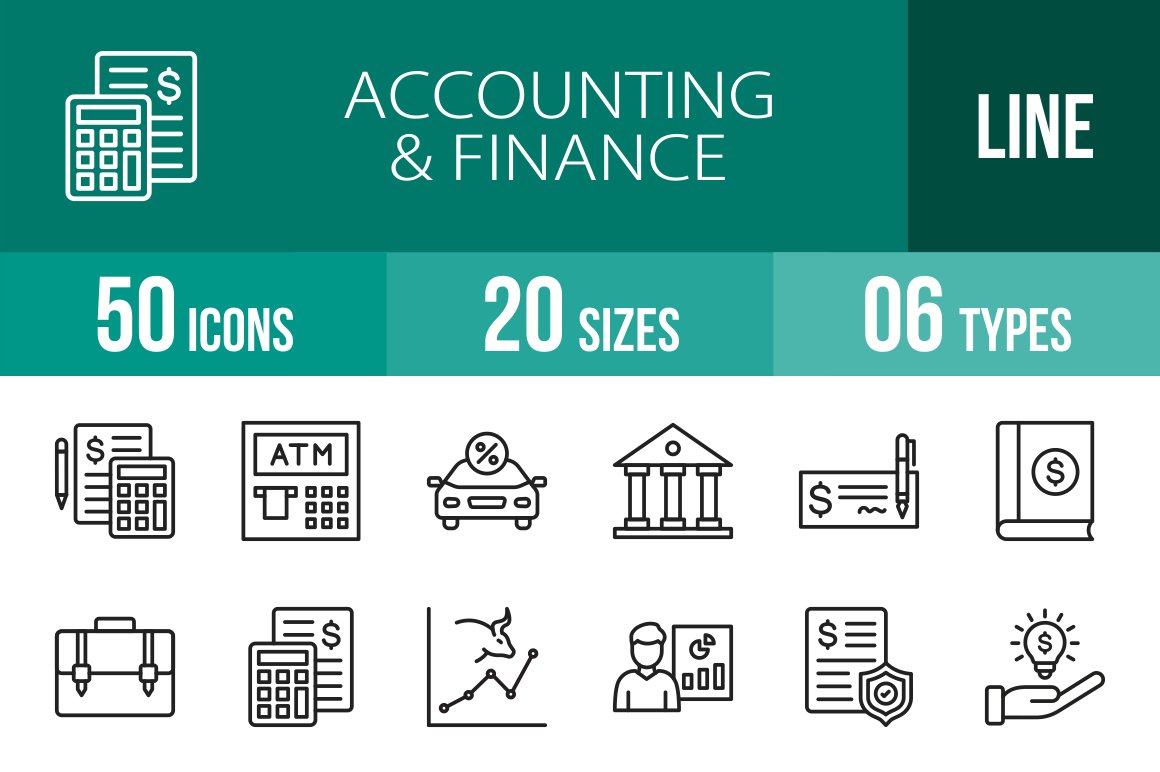 50 Accounting & Finance Line Icons cover image.