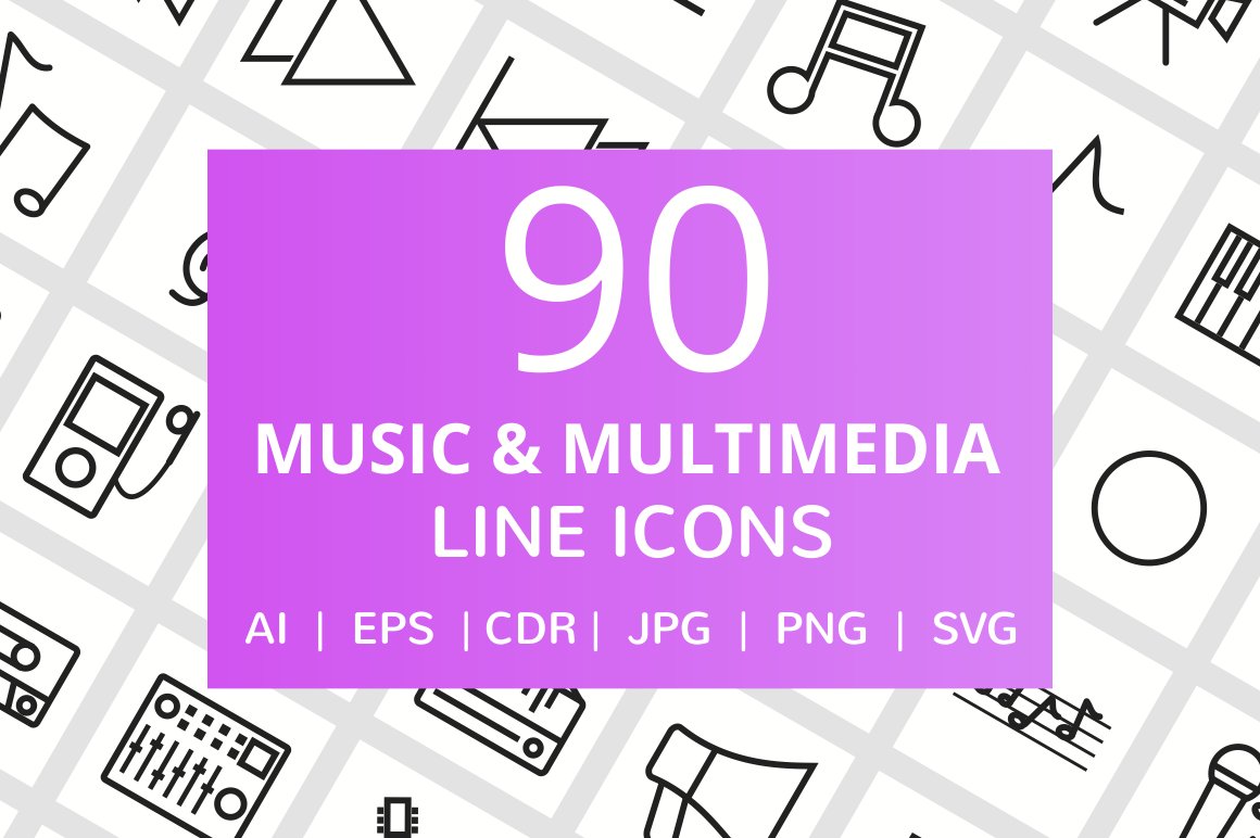 90 Music & Multimedia Line Icons cover image.