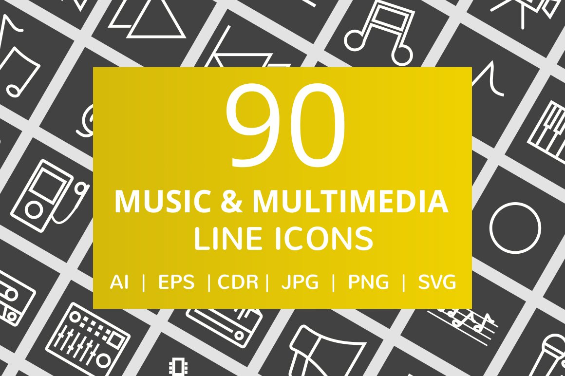 90 Music & Multimedia Line Icons cover image.