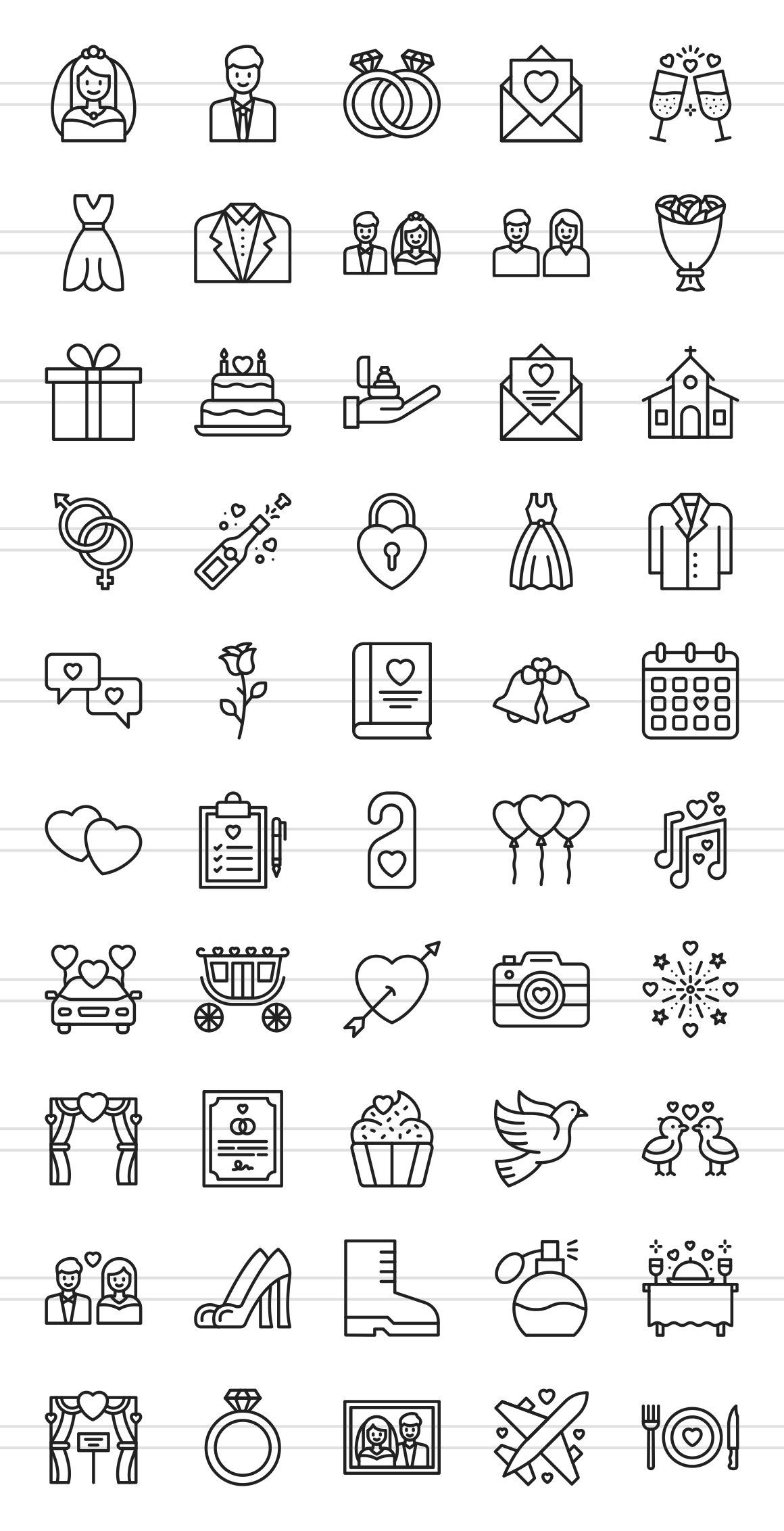 50 Marriage Ceremony Line Icons preview image.