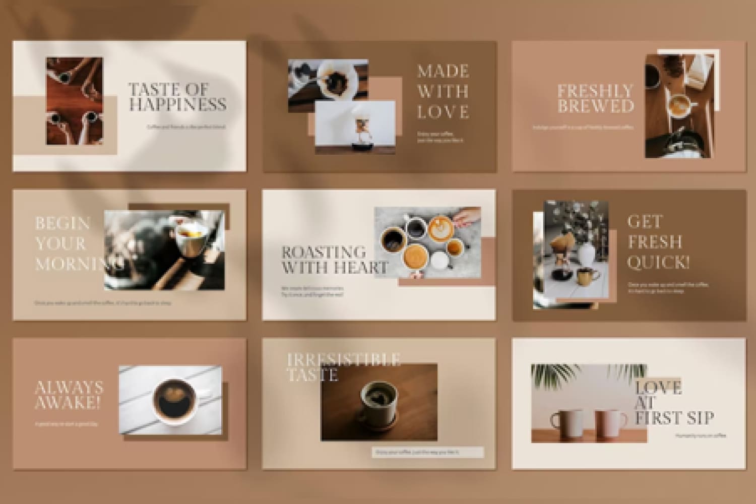 Collage of coffee-themed presentation pages.