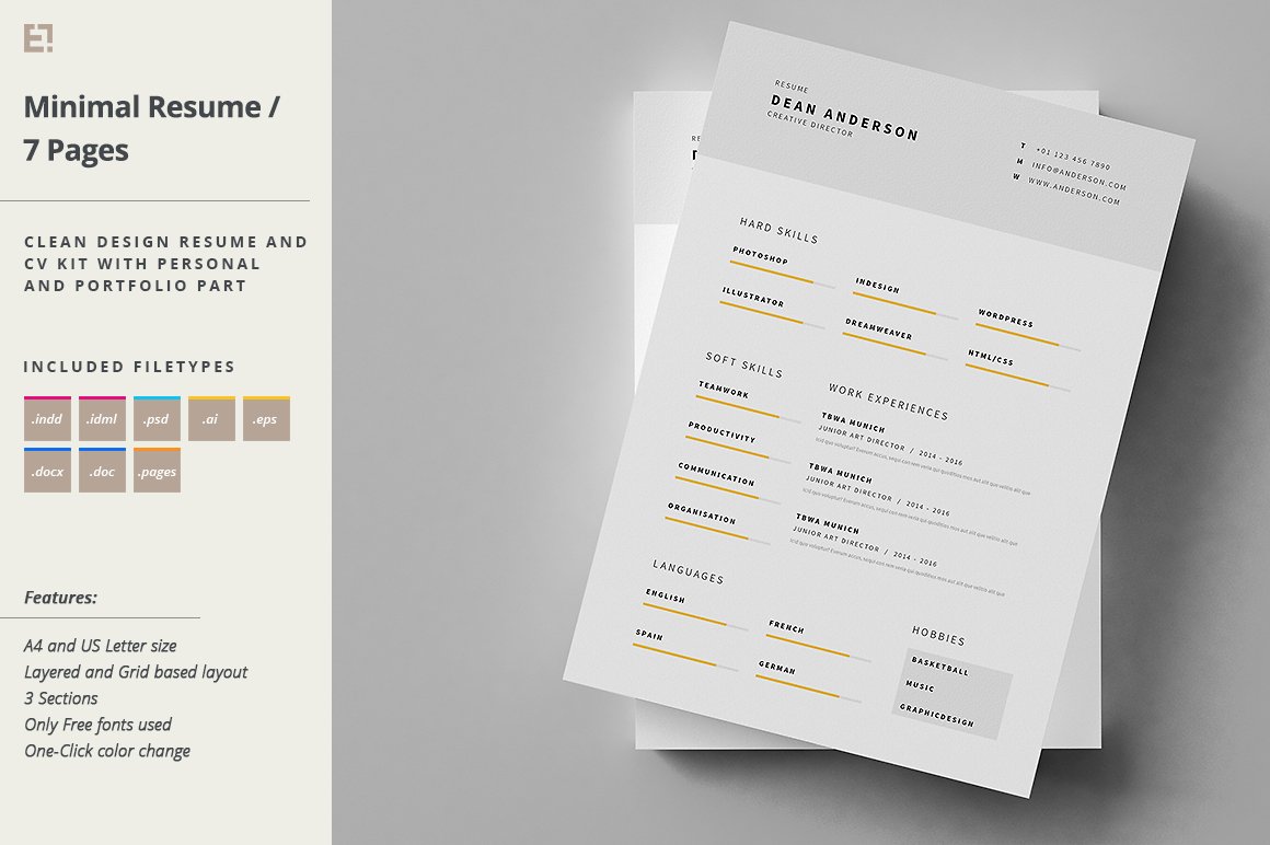 White and yellow resume is on top of a table.