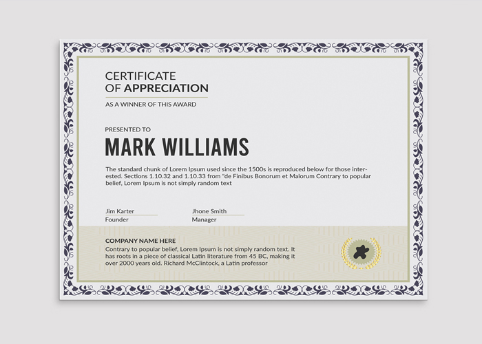 Certificate of appreciation to mark williams.