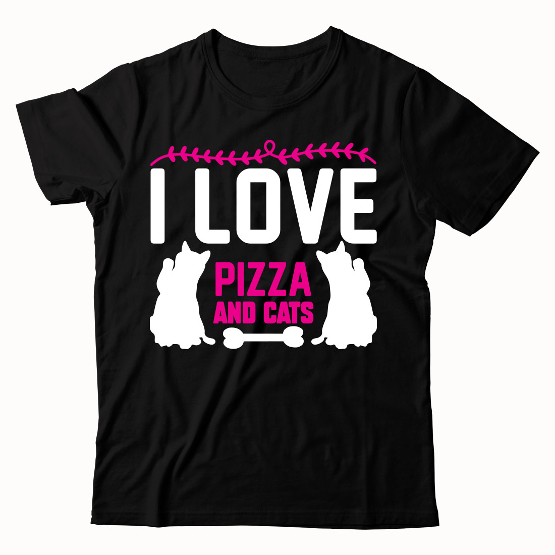 Black t - shirt that says i love pizza and cats.