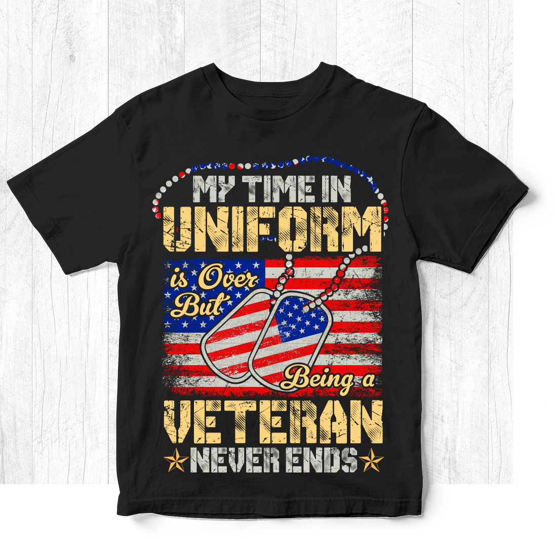 Black t - shirt with an american flag design.