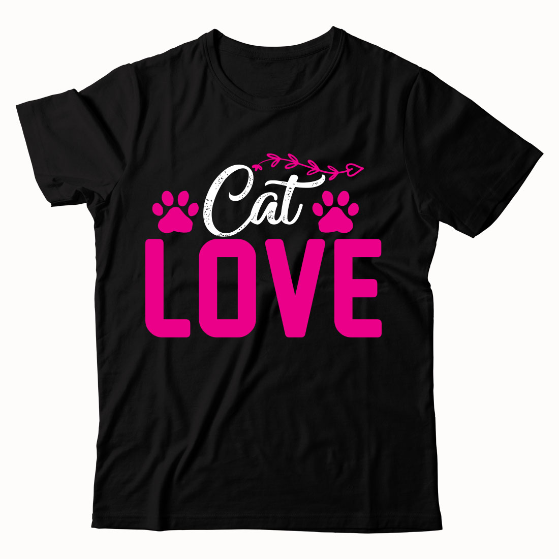 Black t - shirt with pink lettering that says cat love.