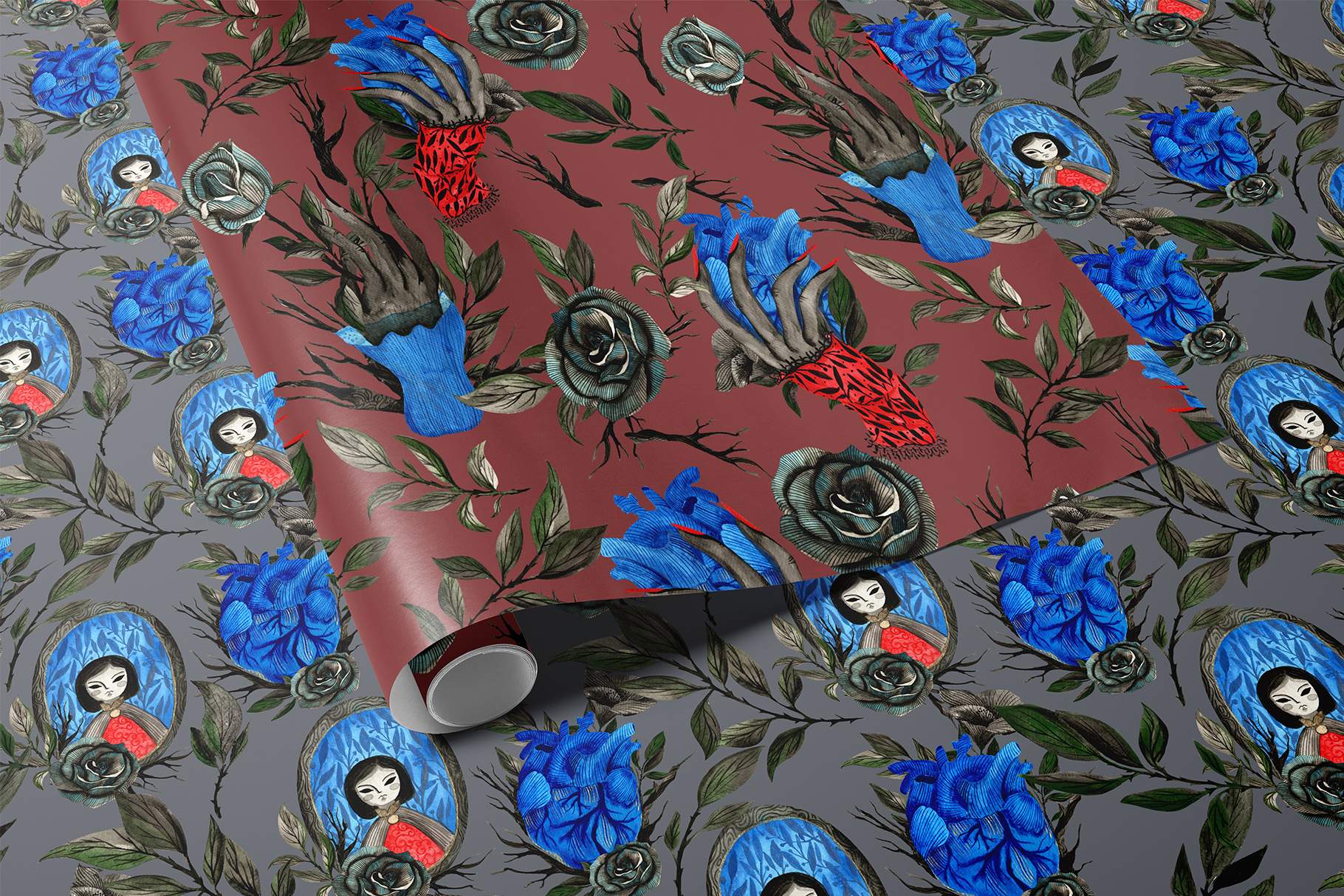 Close up of a wallpaper with blue flowers on it.