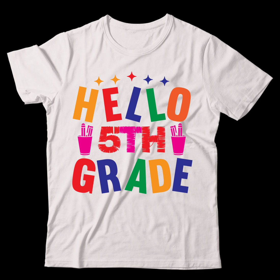 White t - shirt with the words hello 5th grade printed on it.