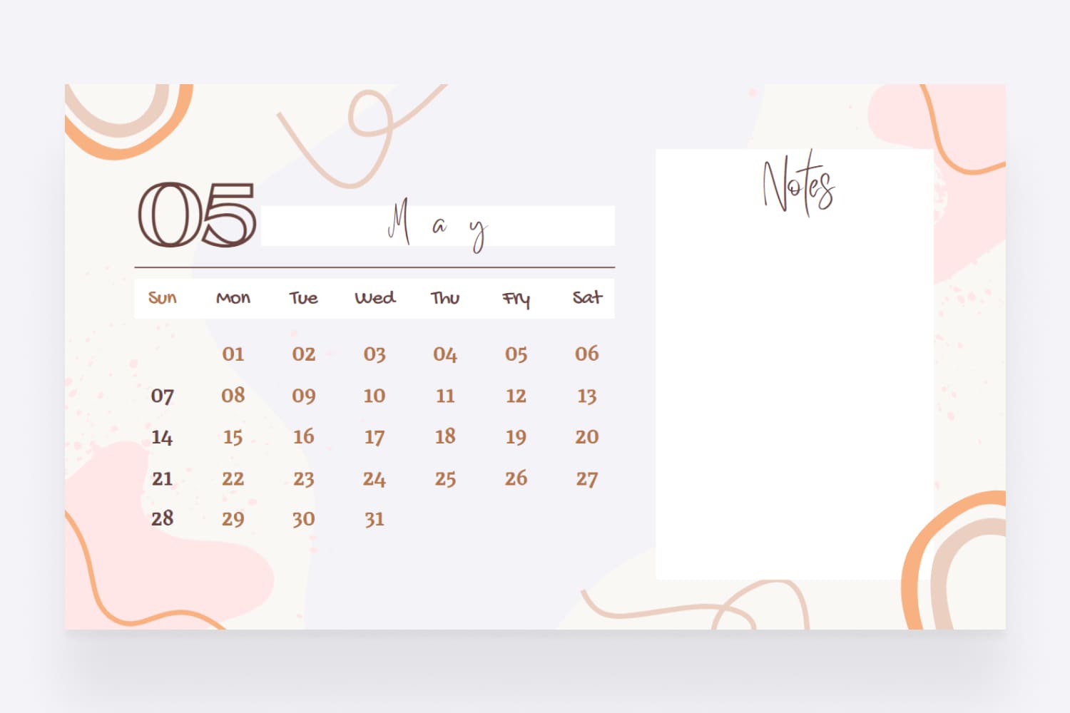 Calendar with a soft pastel colors and ample space for notes.