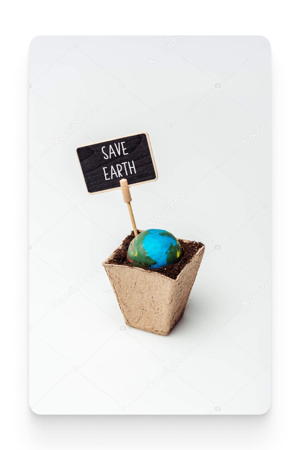 Earth model and sign save earth in flower pot isolated on white.