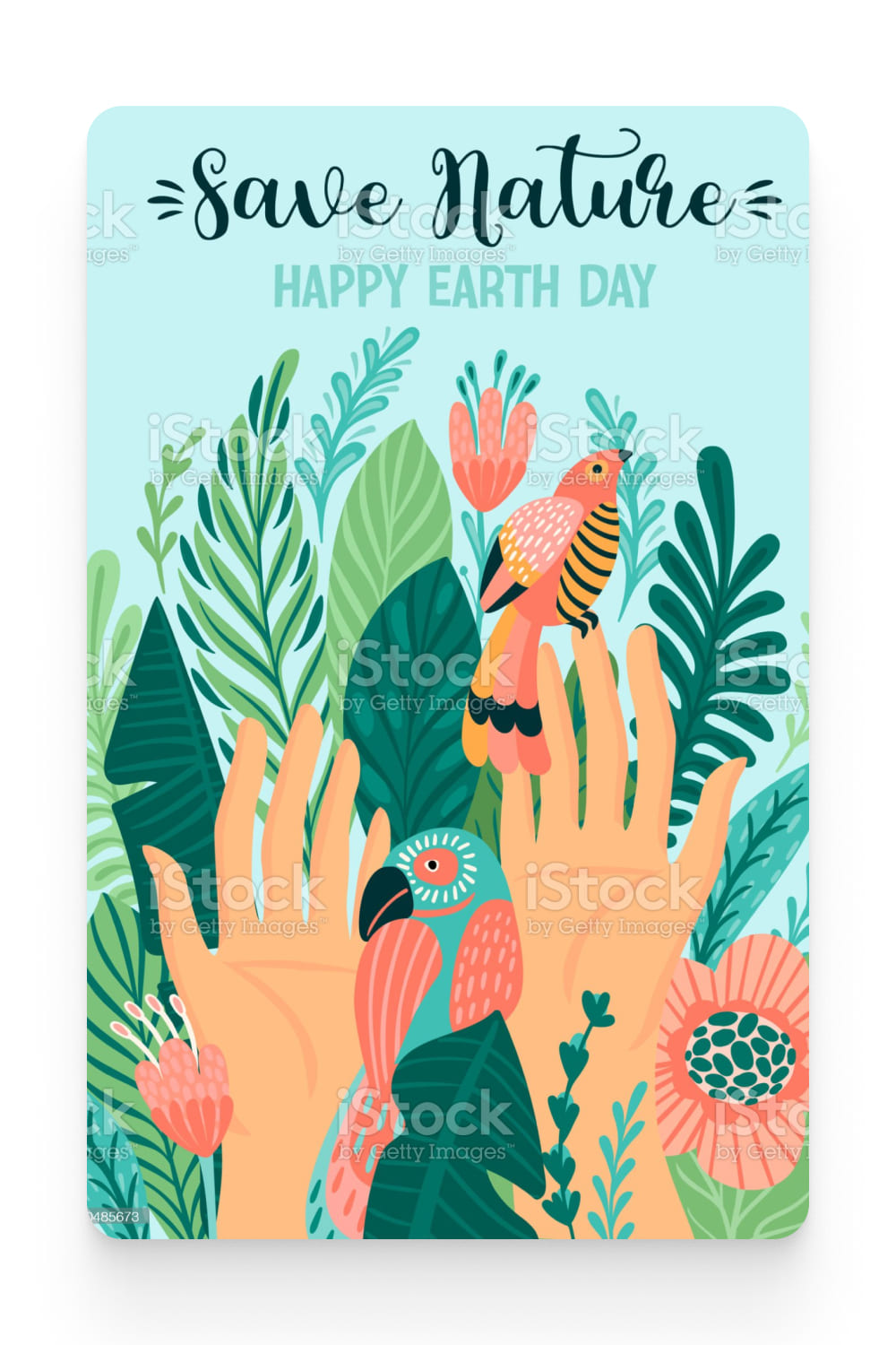 Drawn banner with hands and flowers and birds. Save Nature. Happy Earth Day.