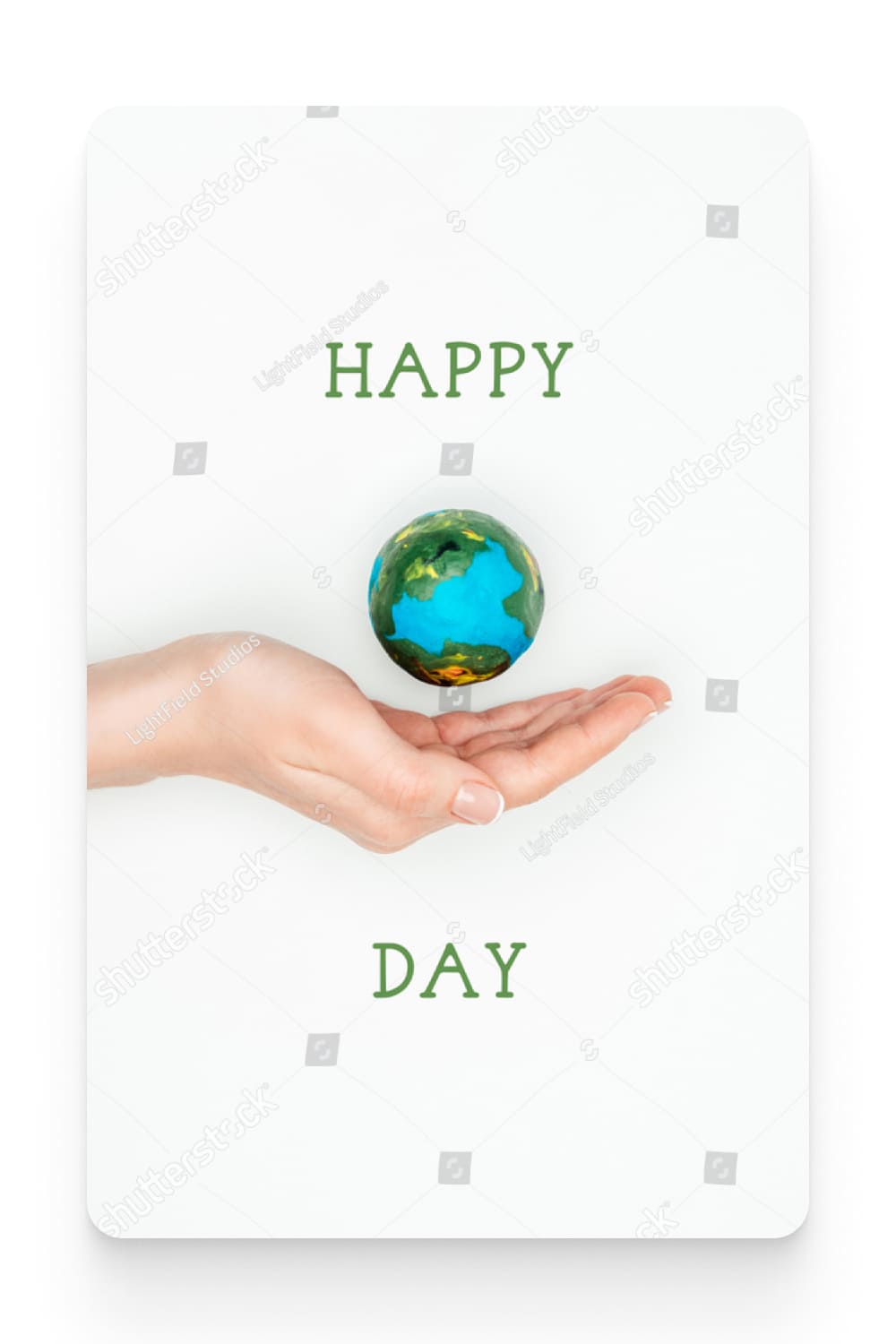 image of woman holding earth model on hand with sign happy earth day isolated on white.
