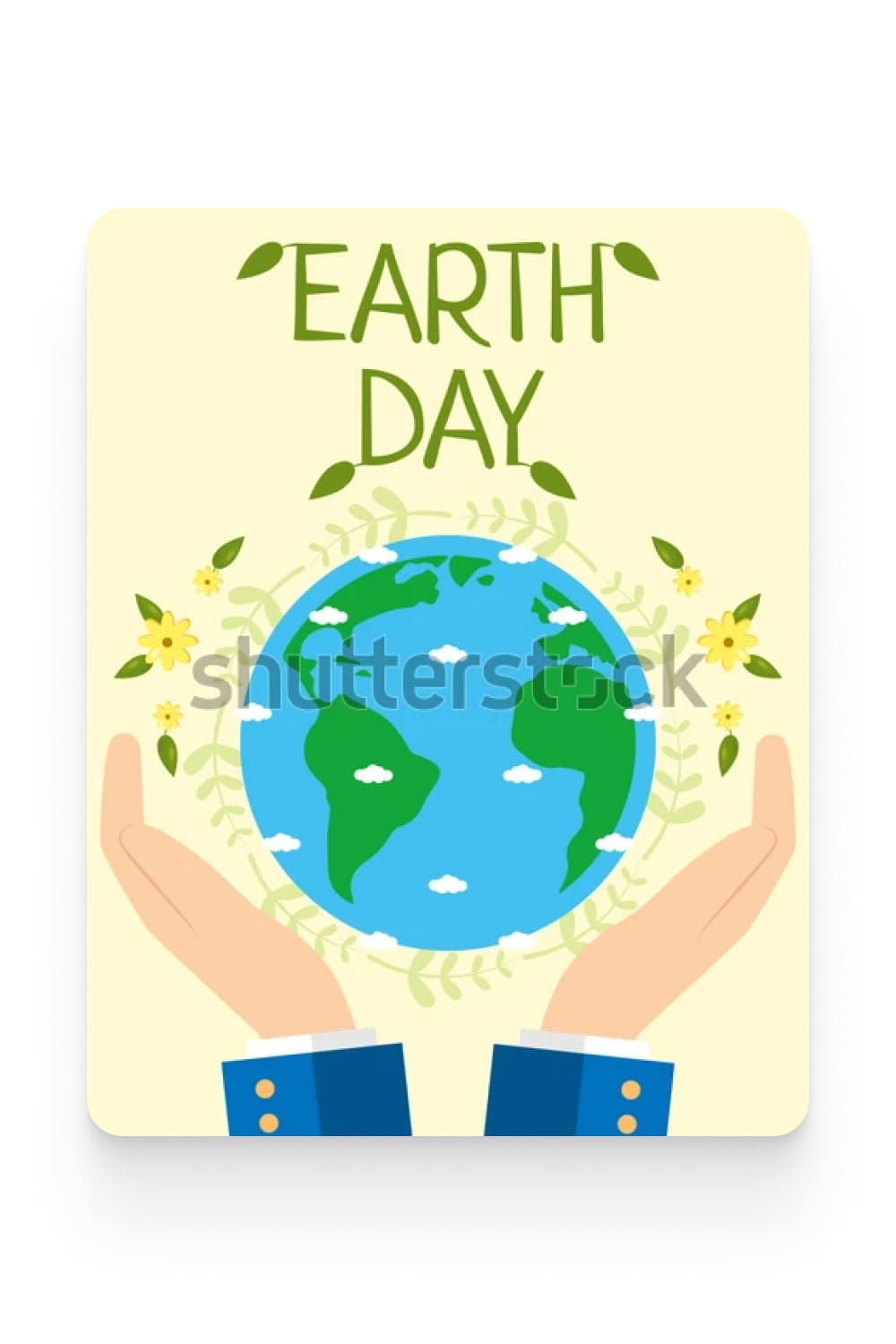 Hands hold planet.Earth Day Poster. Flowers, clouds, leaves.Text with leaves..