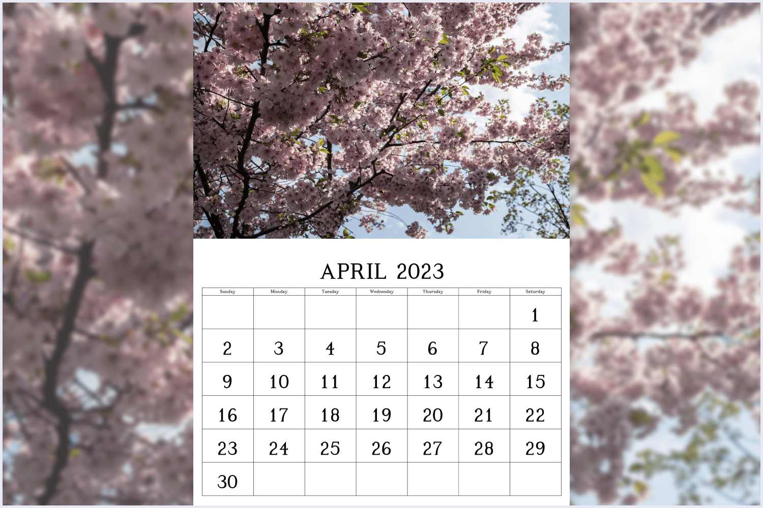 Calendar for April 2023 with a photograph of a flowering tree.