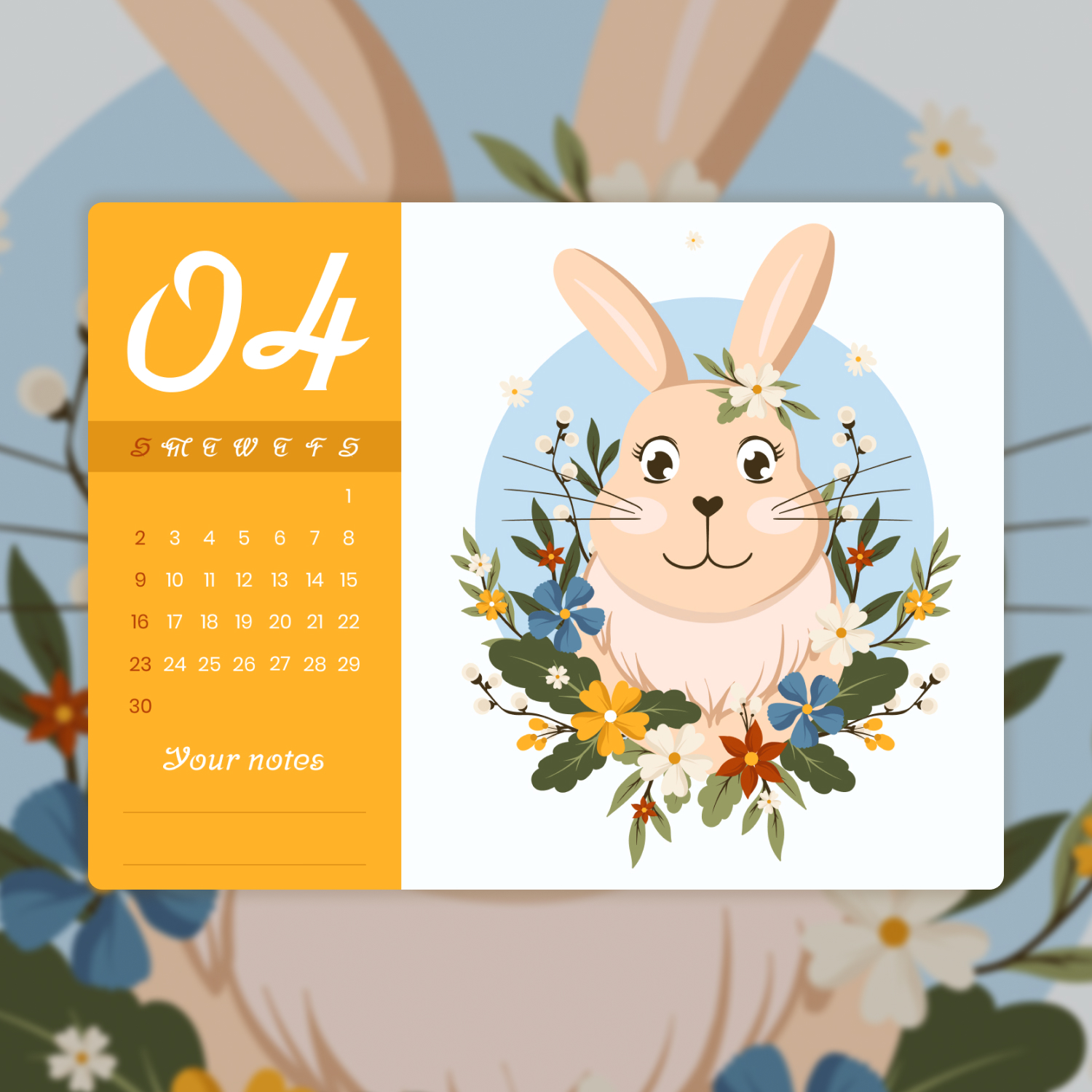 Calendar with a picture of a rabbit on it.