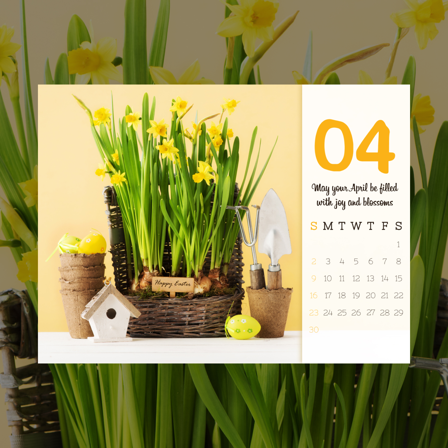 Calendar with a basket of daffodils on a table.