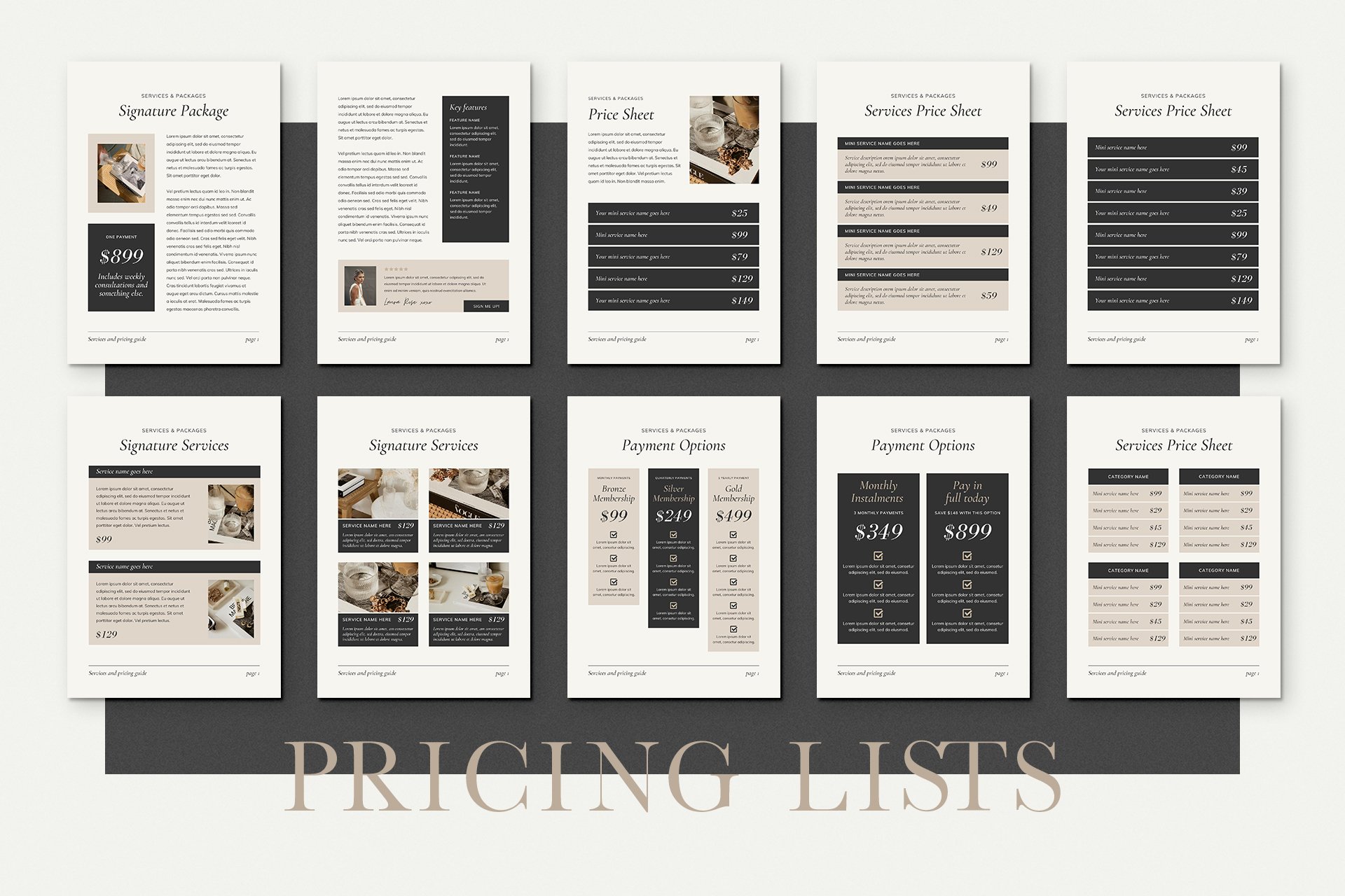 10 elegant black and beige services and pricing guide magazine client brochure editable canva template 252