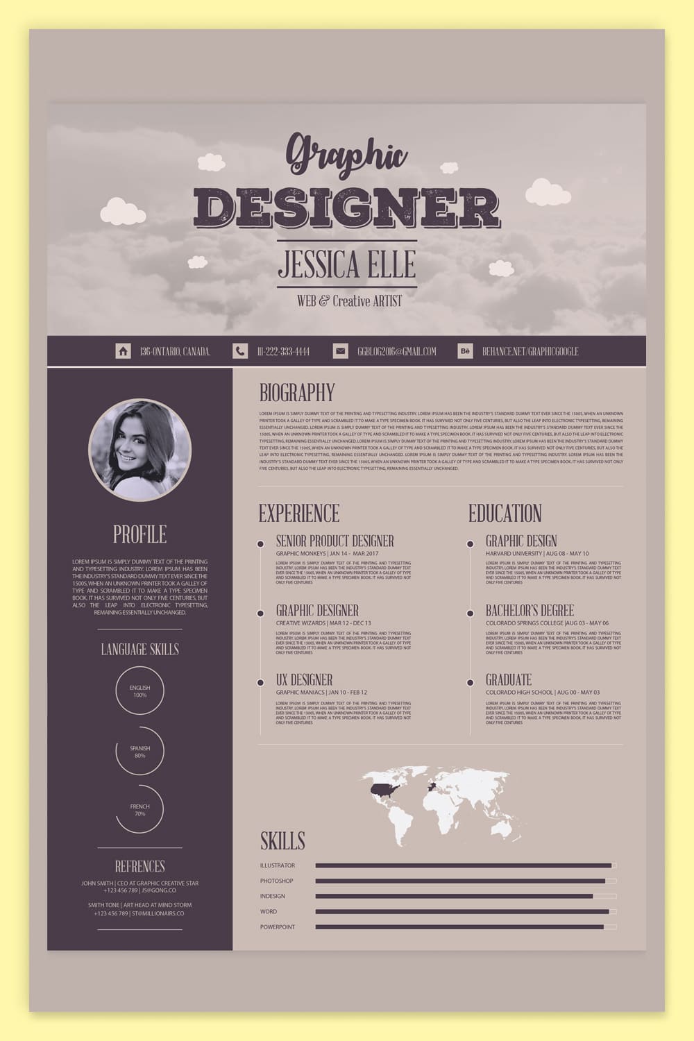 Resume screenshot with photo, two columns, infographic and brown color scheme.