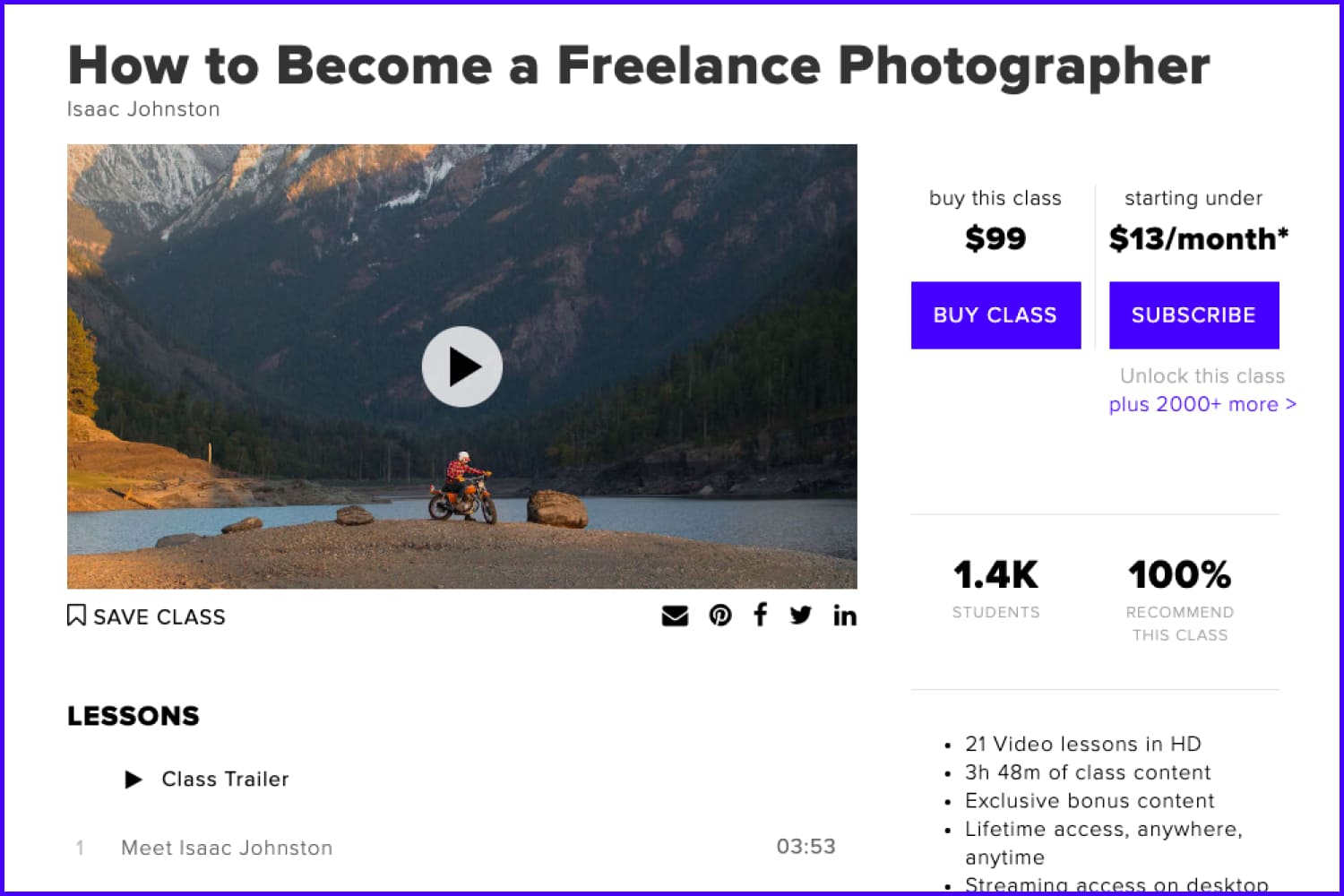 Screenshot of the main page of the course How to Become a Freelance Photographer website.