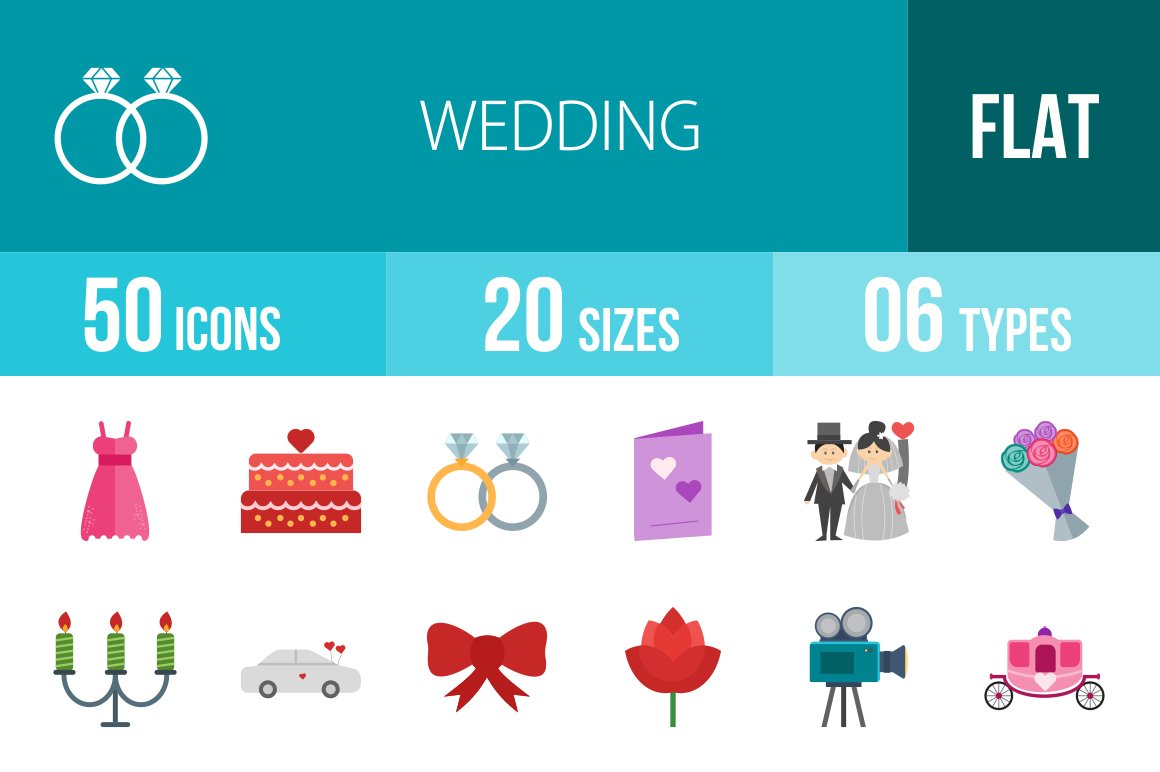 50 Wedding Flat Multicolor Icons cover image.