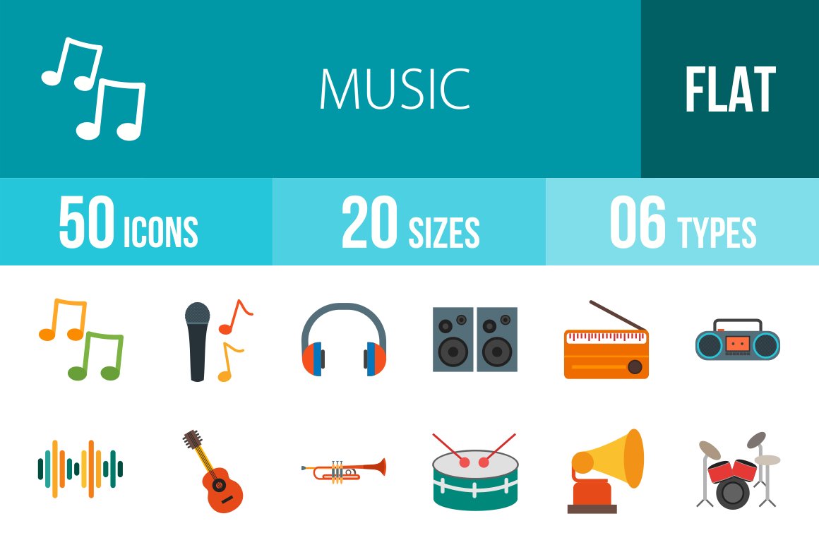 50 Music Flat Colorful Icons cover image.