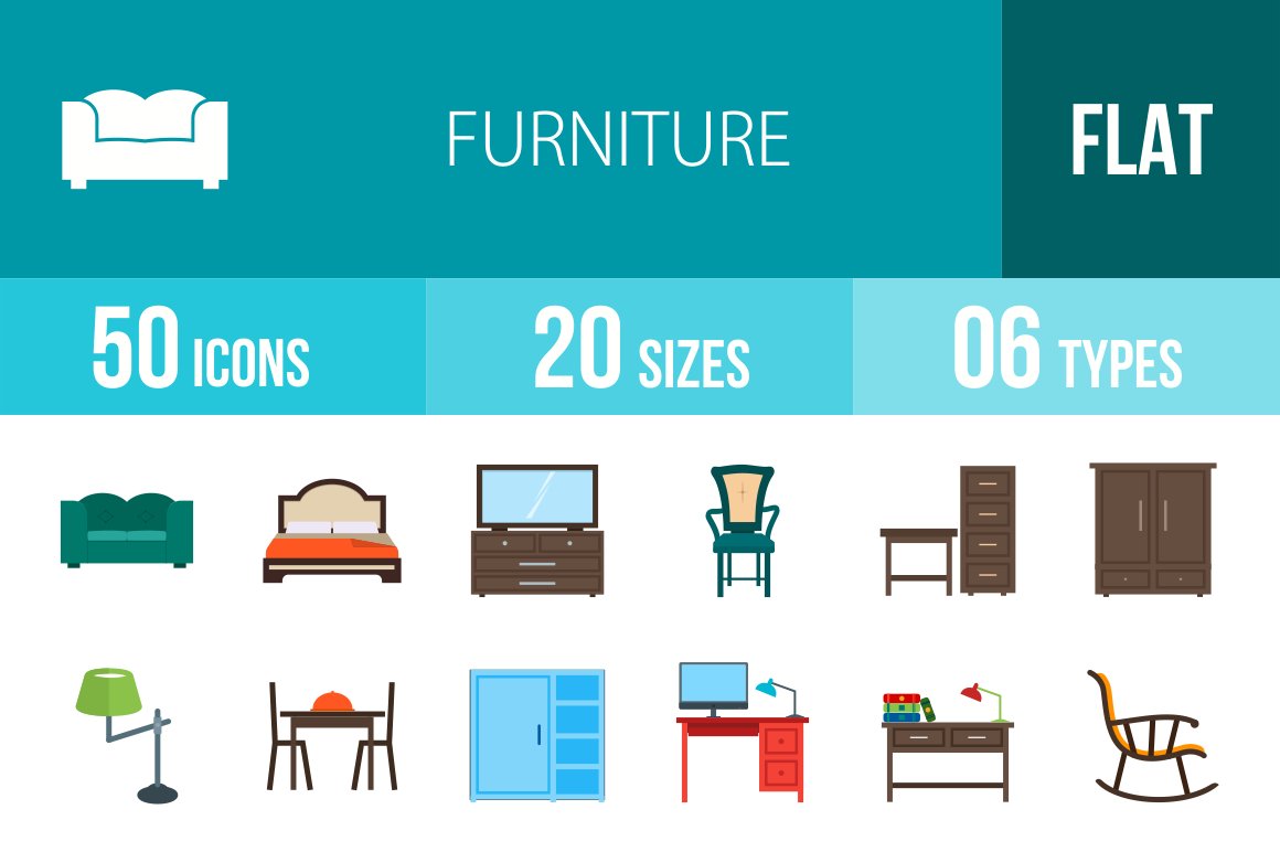 50 Furniture Flat Multicolor Icons cover image.