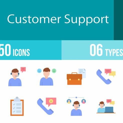 50 Customer Support Flat Icons cover image.