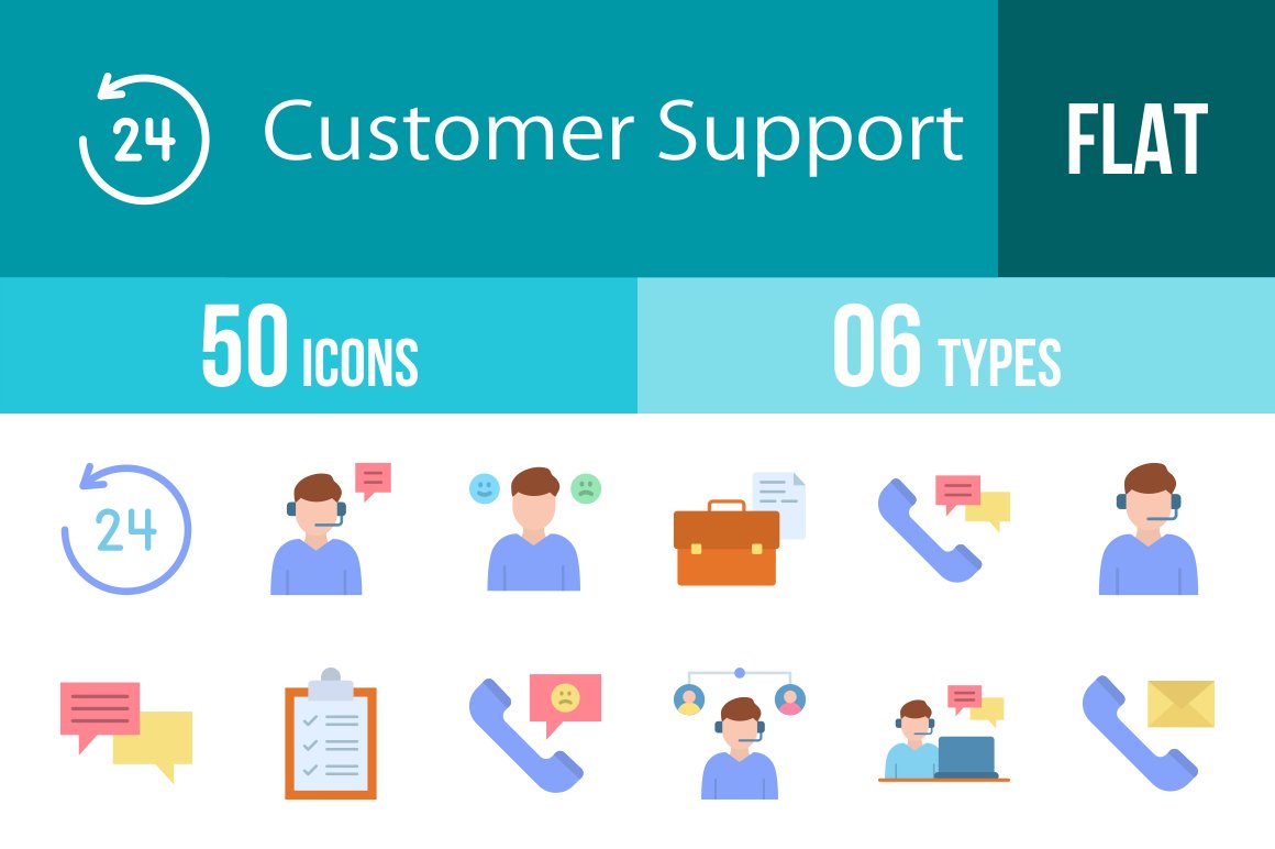 50 Customer Support Flat Icons cover image.