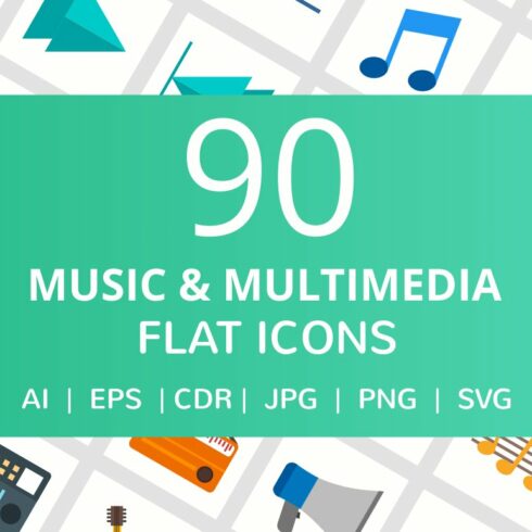 90 Music & Multimedia Flat Icons cover image.