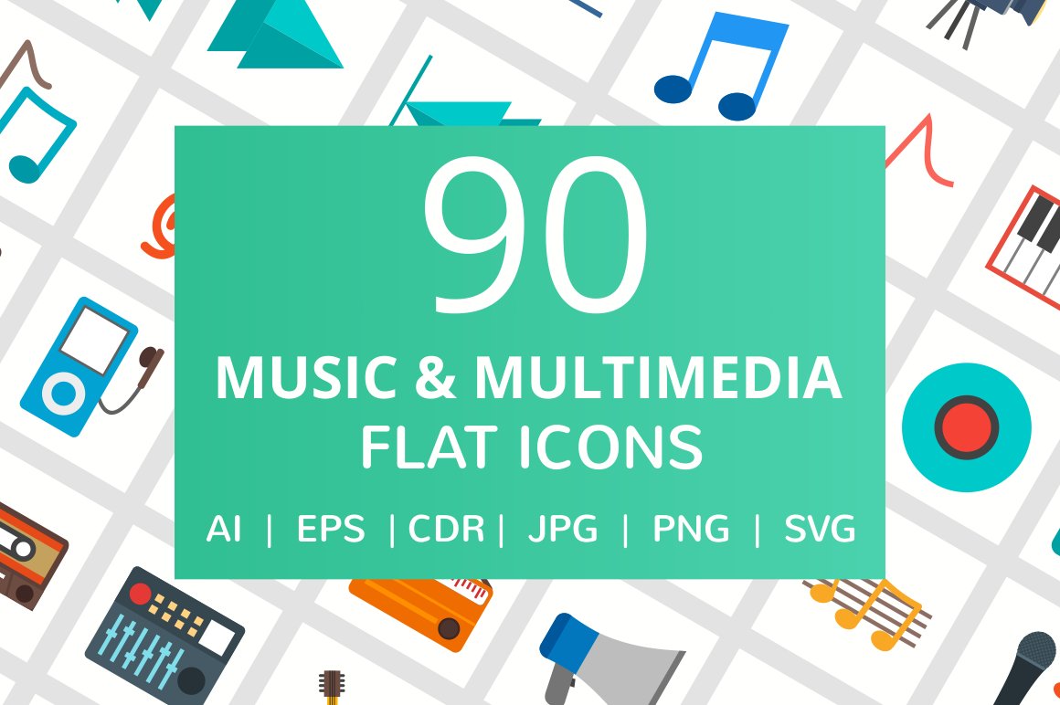 90 Music & Multimedia Flat Icons cover image.