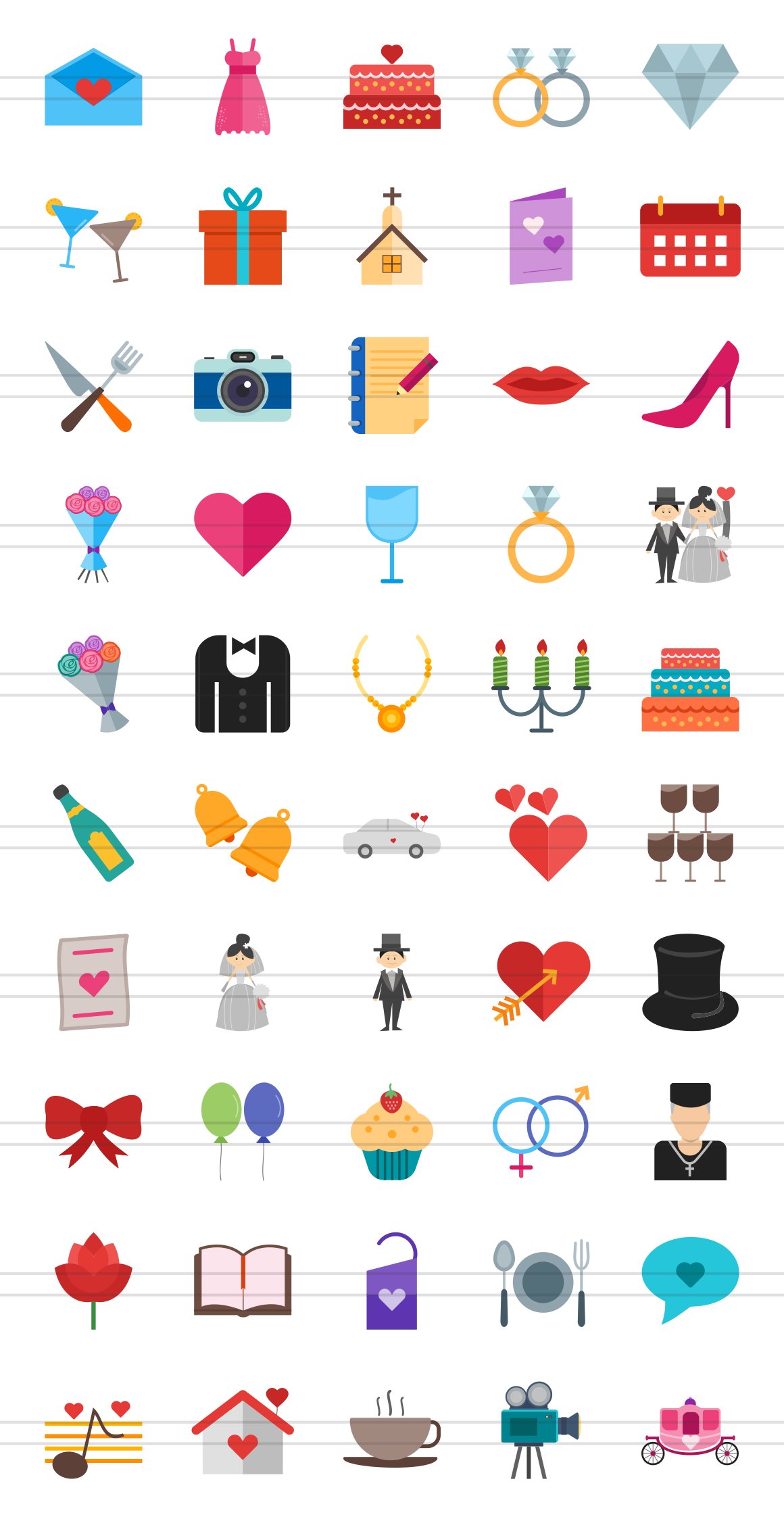 50 Wedding Flat Multicolor Icons preview image.