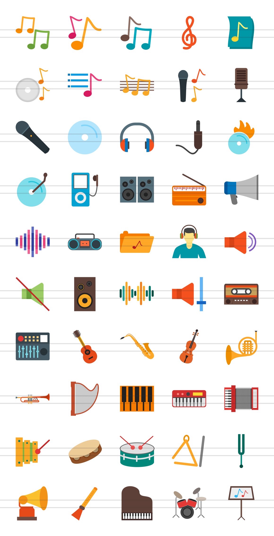 50 Music Flat Colorful Icons preview image.