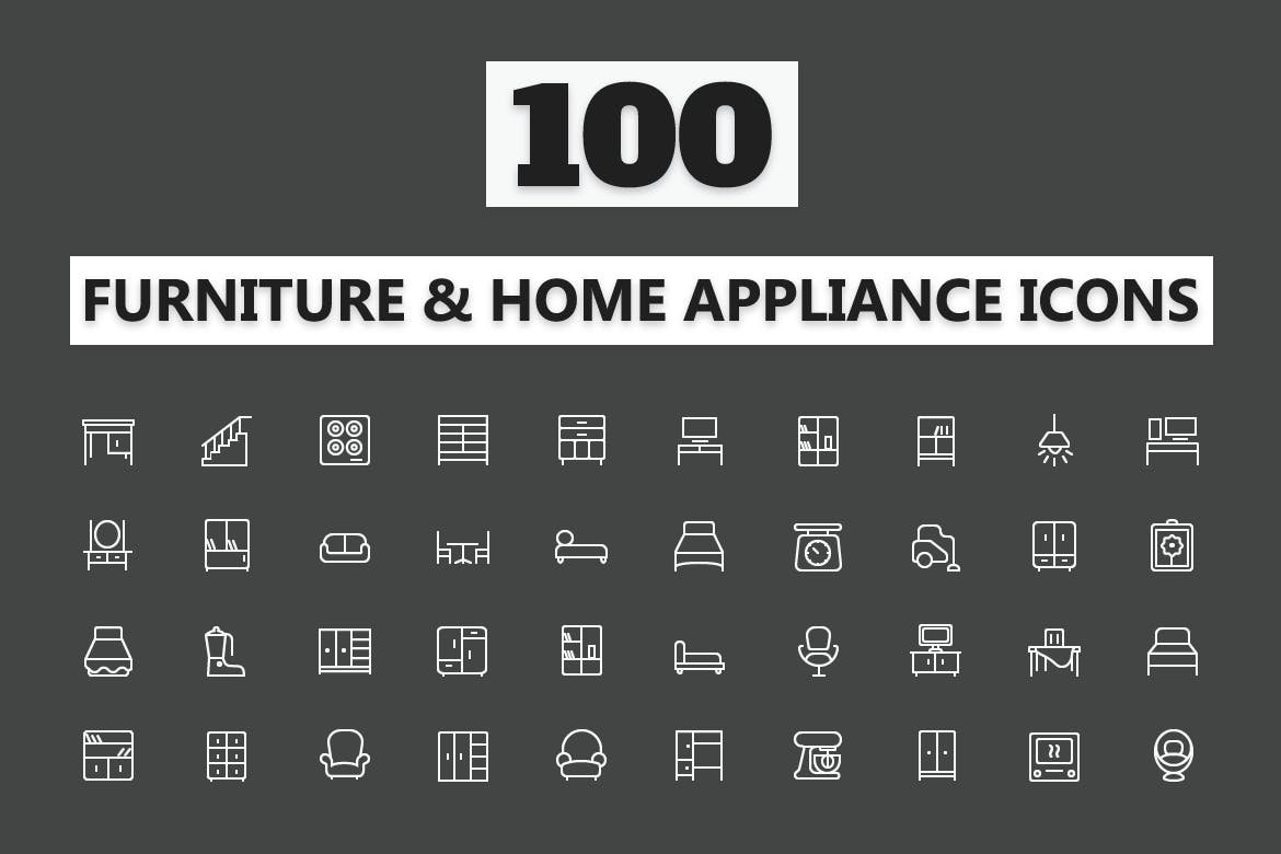 100 Furniture Home Appliances Icons cover image.