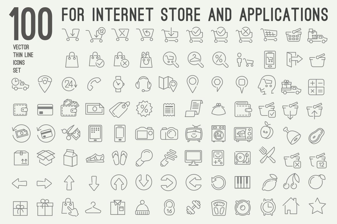 100 thin line icons for web store cover image.