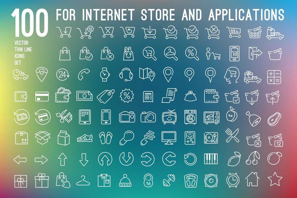 100 thin line icons for web store preview image.
