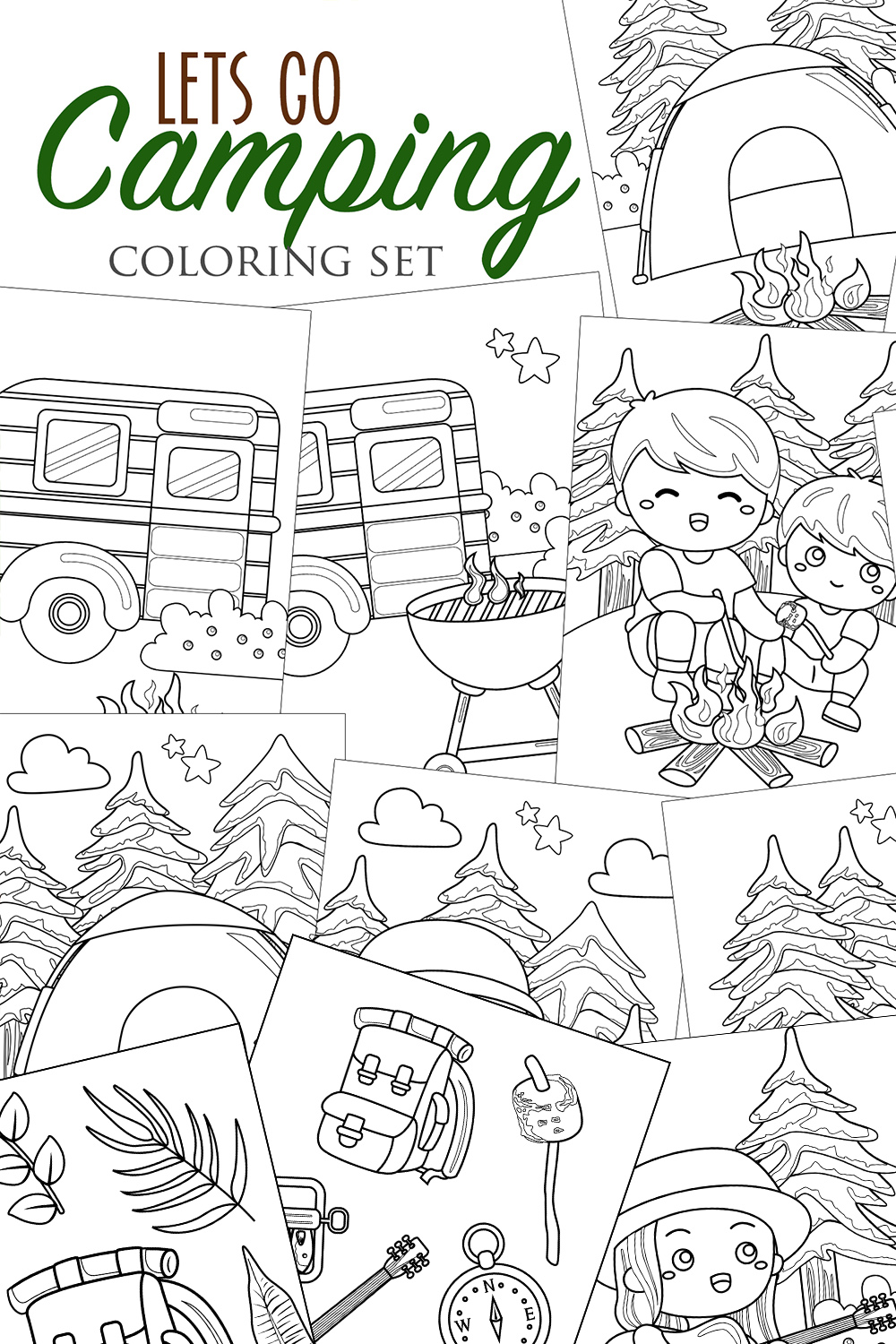 Fun Holiday Lets Go Camping Outdoor Activity Coloring Pages for Kids and Adult pinterest preview image.