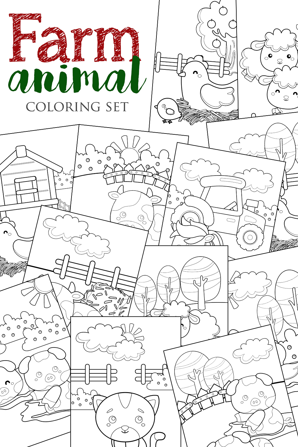 Cute Farm Animals Like Sheep Cow Horse Chicken Pig Nature and Farmer Tractor Coloring for Kids and Adult pinterest preview image.