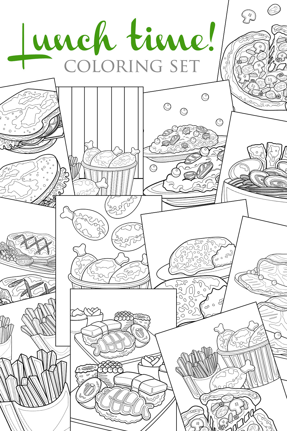Delicious Lunch Time Like Pizza Noodle Ramen Sushi Junk Food Steak Sandwich Curry Rice Coloring Pages for Kids and Adult pinterest preview image.