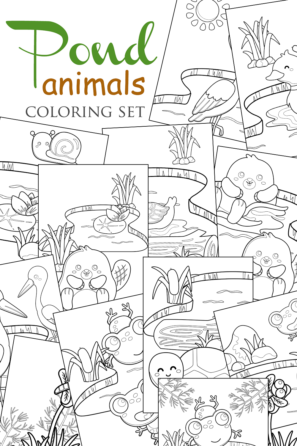 Pond Animals Frog Duck Turtle Beaver Raven Nature Coloring Pages for Kids and Adult pinterest preview image.