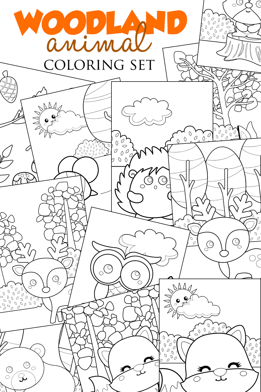 Woodland Forest Nature Animals Owl Bear Fox Deer Porcupine Coloring Pages for Kids and Adult pinterest preview image.
